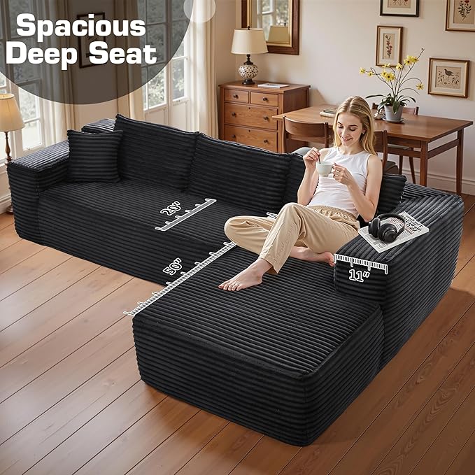 106" Cloud Sectional Couch with Chaise Lounge,L Shaped Modular Modern Sofa,Comfy Corduroy Fluffy Couches with Deep Seat,No Assembly Required Couch for Living Room(Right,Plush Corduroy,Black)