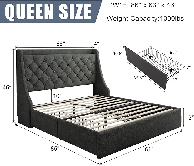 Queen Size Upholstered Platform Bed Frame with 4 Storage Drawers and Charging Station, Linen Button Tufted Wingback Headboard, Sturdy Wooden Support Slats, No Box Spring Needed, Dark Grey