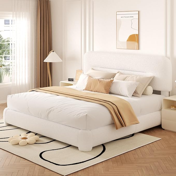 King Size Cloud Bed Frame, Upholstered Boucle Platform Bed with Adjustable Headboard, Anti-Collision Soft Rounded Corners, Noise Free, Easy Assembly, White