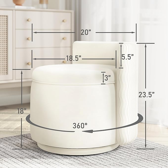 360° Swivel Accent Chair with Storage, Vanity Stool with Back, Velvet Storage Ottoman, Upholstered Round Barrel Vanity Chair for Living Room, Makeup Room, Bedroom (Off White)