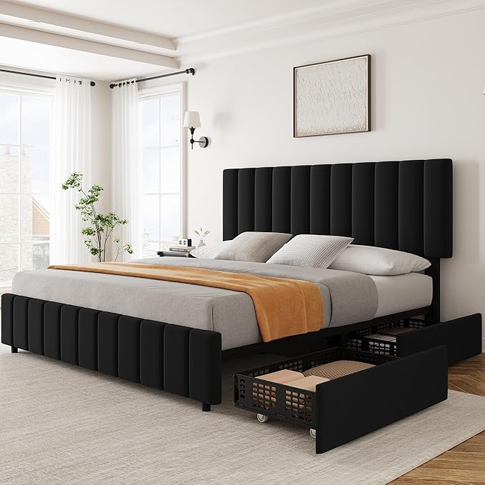 Garvee Full Size Bed Frame with 4 Storage Drawers, Adjustable Height Headboard, Linen Upholstered Platform Bed Frame, No Box Spring Needed, Easy Assembly, Black