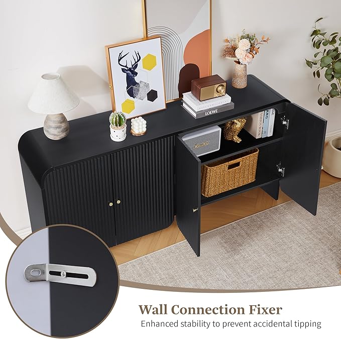 Fluted Sideboard Buffet Cabinet with Storage, 59'' Curved Buffet Cabinet with 4 Doors & Shleves, Modern Credenza Wood Coffee Bar Table Console for Dining Room Kitchen Living Room Entryway, Black