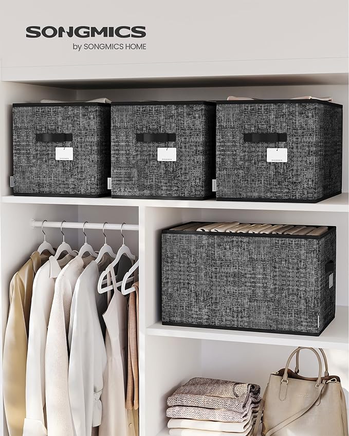 SONGMICS Storage Cubes, 19.7 x 11.8 x 11.8 Inches Non-Woven Fabric Bins with Double Handles, Set of 3, Closet Organizers for Shelves, Foldable, for Clothes, Ink Black UROB450B01