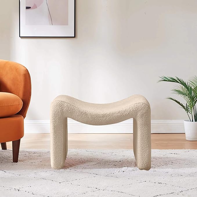 Modern Boucle Ottoman, Vanity Stool Chair, Foot Stool with Wooden Legs Sofa Bench Footstool Extra Seat for Vanity, Makeup Room, Living Room, Entryway, Set 2, Camel