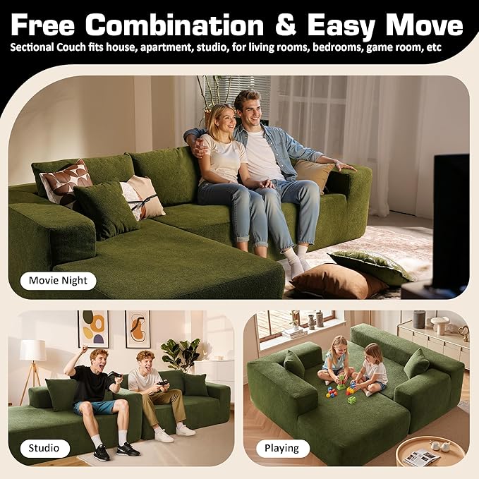 106" Cloud Sectional Couch with Chaise Lounge,L Shaped Modular Modern Sofa,Comfy Velvet Fluffy Couches with Deep Seat,No Assembly Required Couch for Living Room (Left,Cloudy Velvet,Green)