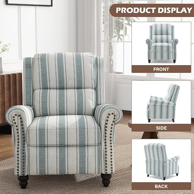 UIXE Pushback Recliner Chair Accent Chairs, Fabric Armchair Push Back Club Arm Chair for Living Room, Rivet Trim Overstuffed Home Theater Single Sofa Bedroom Reading Seat with Footrest - Stripe Blue