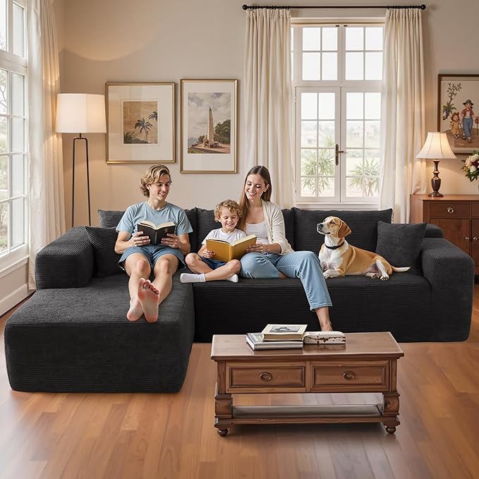 106" Cloud Sectional Couch with Chaise Lounge,L Shaped Modular Modern Sofa,Comfy Corduroy Fluffy Sofa with Deep Seat,No Assembly Required Couch for Living Room(Left,Stripe Corduroy,Black)