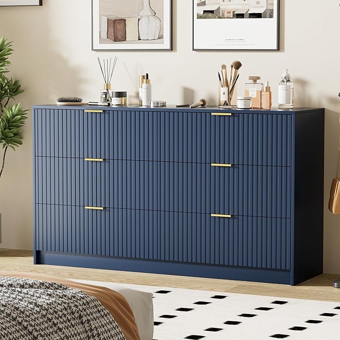 Navy Blue Dresser for Bedroom, Modern Dresser with 6 Drawers and Smooth Slides, Wide Chest of Drawers with Golden Handles for Bedroom, Living Room, Closet, 15.7" D x 55.1" W x 31.4" H