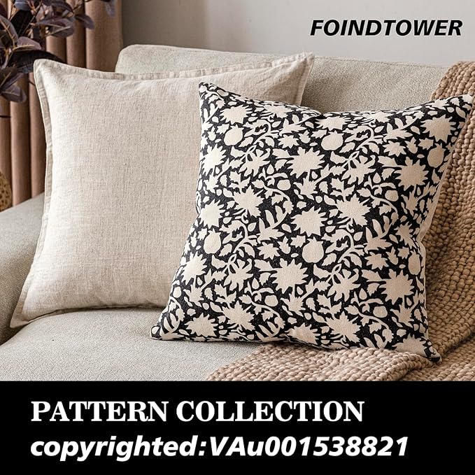 Foindtower Set of 2 Decorative Neutral Floral Throw Pillow Covers Accent Farmhouse Cushion Covers Boho Vintage Pillowcase for Couch Sofa Bedroom Living Room Home Decor18×18 Inch,Black