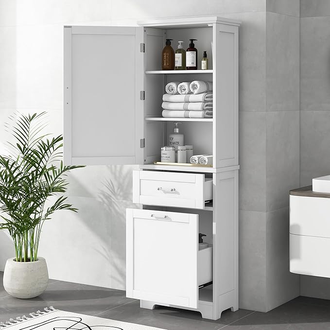 Tall Bathroom Storage Cabinet, Freestanding Storage Cabinet with 1 Door, 2 Different Size Drawers for Bathroom Living Room (White)