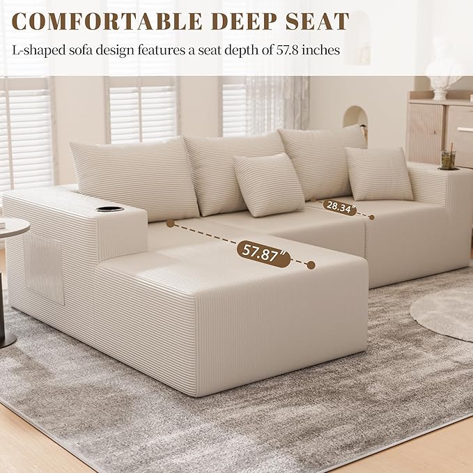 107" Cloud Sectional Couch, Modular Sectional Sofa with L-Shape Chaise, Corduroy Boneless Couch with Deep Seat, Upholstered Sofa for Living Room, No Assembly Required(Left-Facing Chaise, White)