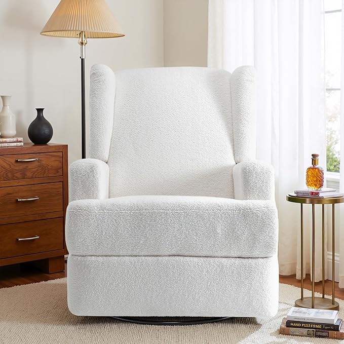 Boucle Swivel Glider Recliner Chair for Adults - Plush High Back Rocker with Deep Seat, Manual Reclining Upholstered Armchair for Living Room or Nursery, Textured Fabric Accent Chair-White