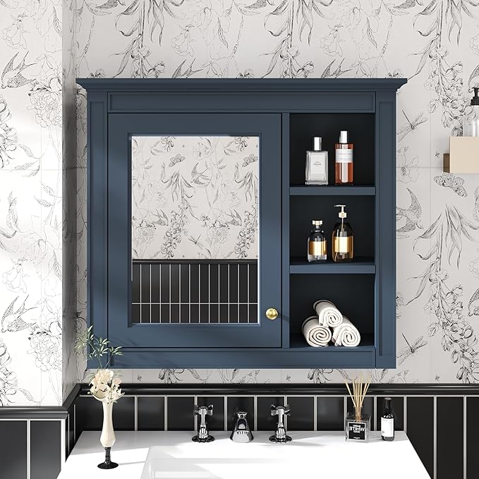 Bathroom Wall Cabinet with Mirror, 30'' x 28'' Medicine Cabinet with Mirror Door and Adjustable Shelves, Over Toilet Storage Cabinet, Wall-Mounted Bathroom Mirrors for Over Sink with Storage