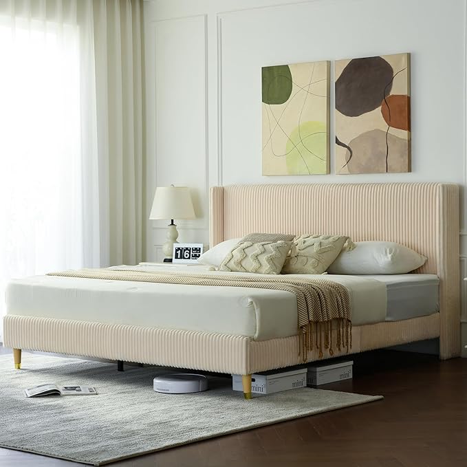 PINJU King Size Bed Frame, Upholstered Platform Bed with Modern Vertical Striped Wingback Headboard with Wooden Slats, Easy to Assemble No Noise Free (Beige, King (U.S. Standard))