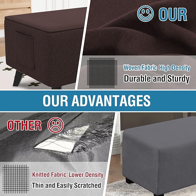 H.VERSAILTEX Soft Sturdy Linen Look Ottoman Cover Rectangle Fit Length 33"-34" Footrest Ottoman Slipcovers for Foot Stool & Folding Storage Furniture with Nonslip Elastic Bottom - Heather Chocolate