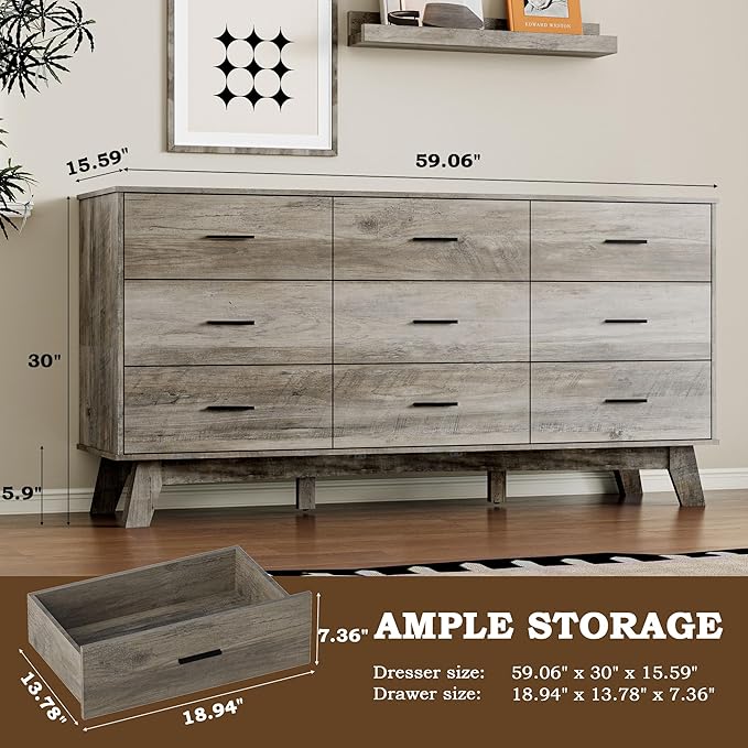 Dresser for Bedroom with 9-Drawer, 59" Wide Modern Chest of Drawers with Metal Handles, X-Shape Base & Adjustable Center Leg, Anti-Tip Closet Organizers and Storage