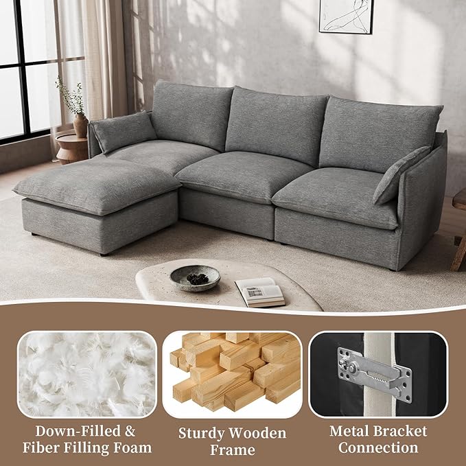 Waterproof Cloud Sectional Couches,High Backrest Down Filled Sofa for Living Room,Modular Sofas 2 Seater with Ottoman,Detachable Couch Covers,Dark Grey