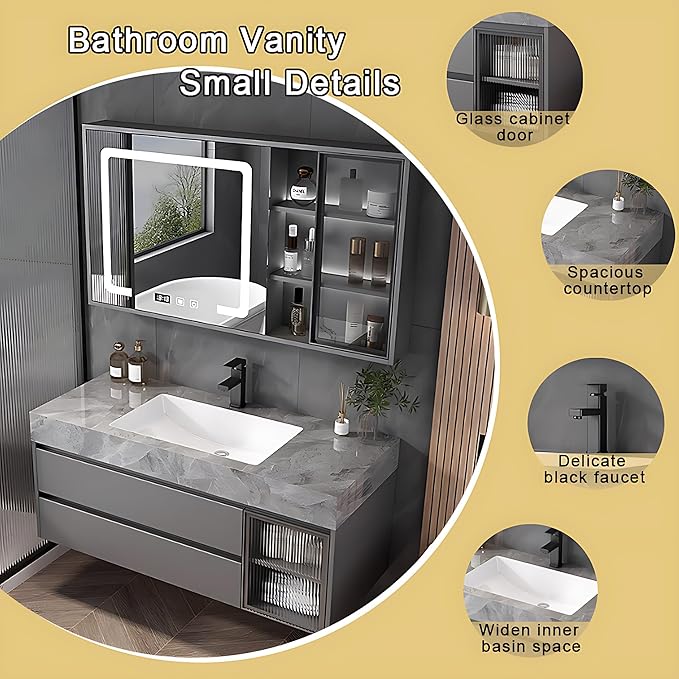 Gray 48IN Modern Bathroom Vanity - Wall-Mounted Bathroom Storage Cabinet & Bathroom Vanity with Sink, Bathroom Medicine Cabinet Wall Mounted, Defogging & Led Lighting | Bathroom Cabinet Slim