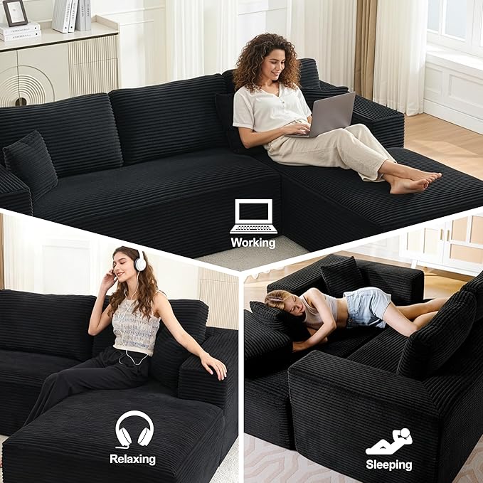 106" Cloud Modular Sectional Sofa Couch,L-Shape Modern Boneless Sectional Couch with Deep Seat,Upholstered Couches for Living Room Bedroom,No Assembly Required,Black