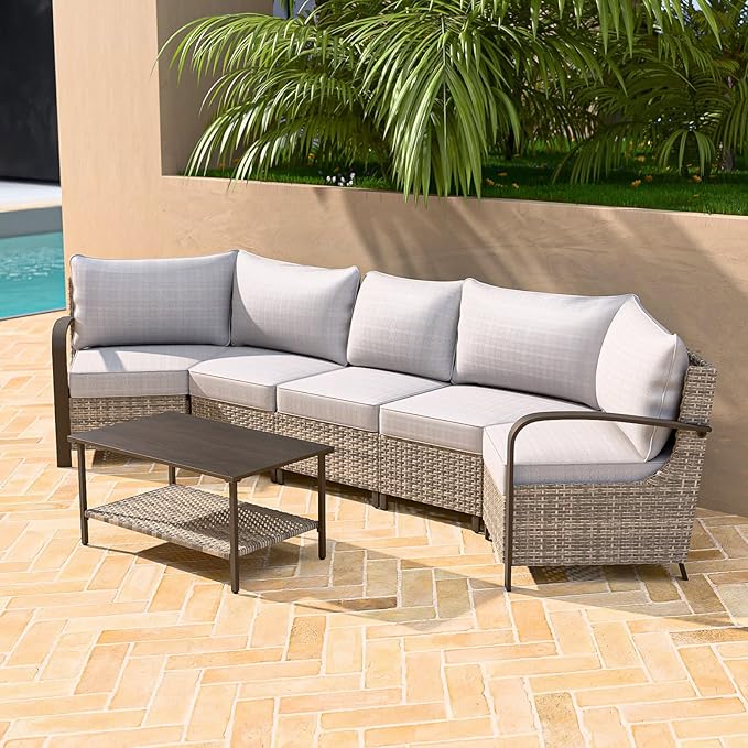 COOS BAY Aurora Terrace Half-Moon Outdoor Furniture Set, Rattan Conversation Set with Curved 5-Seat Sofa, Coffee Table, Seats 5, Beige/Beige