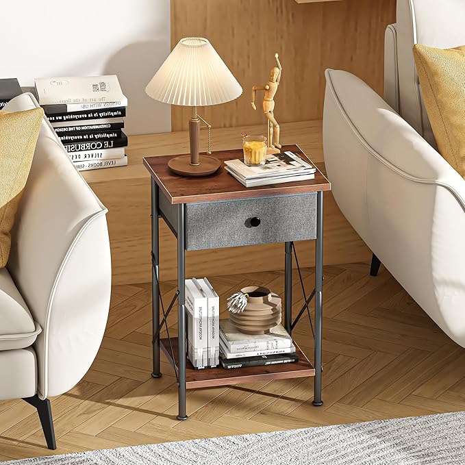 VECELO Night Stands for Bedroom Nightstand Bedside End Tables with Drawer Storage, (Set of 2), Rustic Brown