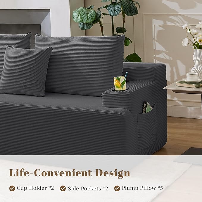 106" Cloud Sectional Couch, Modular Sectional Sofa with L-Shape Chaise, Corduroy Boneless Couch with Deep Seat, Upholstered Sofa for Living Room, No Assembly Required(Left-Facing Chaise, Dark Grey)