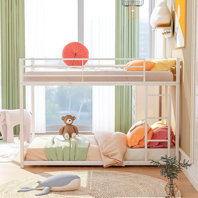Twin Over Twin Metal Bunk Bed with Full-Length Guardrail,Low Bed Frame W/Ladder, Steel,No Noise,Bedroom Furniture for Children,Teens Adults,White
