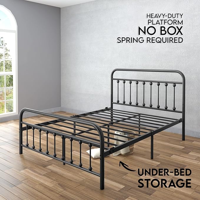 Golden Gate Beds Vintage Style King Size Metal Bed Frame with Wrought Iron Headboard and Footboard – Classic Platform Bed with 11" Storage Space, No Box Spring Required, Black Finish