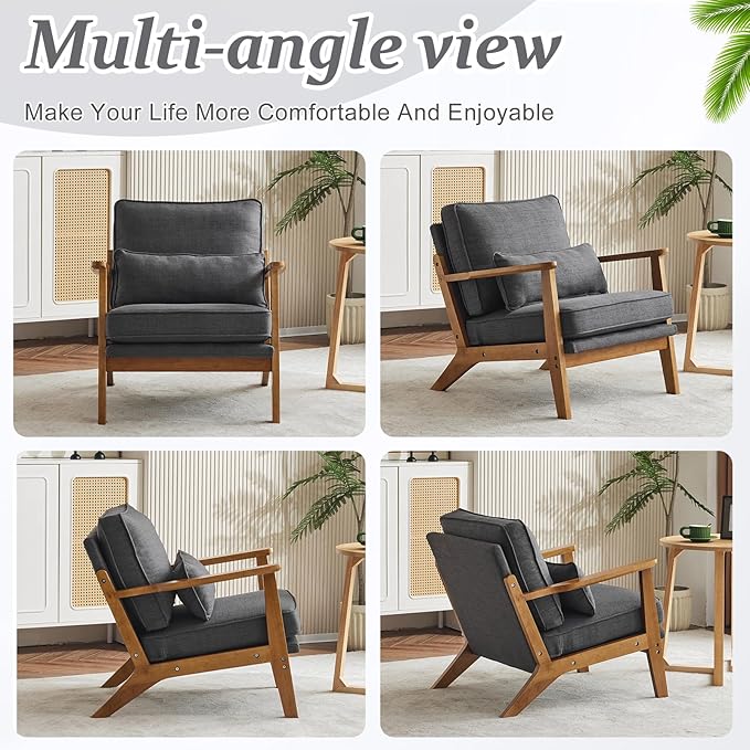 VINGLI Solid Wood Wide Armrests Accent Chair Set of 2,Upholstered Mid Century Modern Chair with Pillow,Farmhouse Arm Chair Comfy Reading Chair,Chairs Living Room,Bedroom,Guest Room,Linen Fabric,Grey