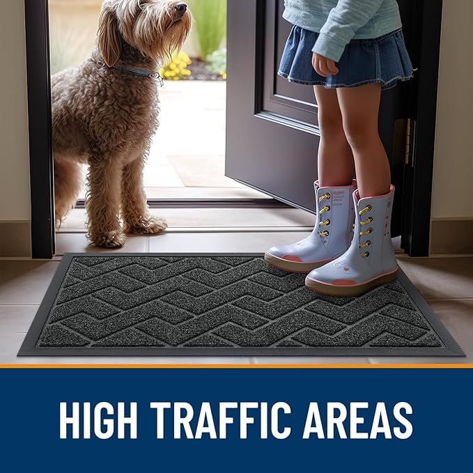 OLANLY Front Door Mat Indoor Outdoor Entrance, Waterproof All-Season, All-Weather Doormat, Sturdy Natural Rubber, Low Profile, Easy Clean Patio Porch Entryway Mat, Herringbone Brick (Black, 47x32)