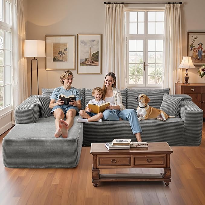 106" Cloud Sectional Couch with Chaise Lounge,L Shaped Modular Modern Sofa,Comfy Corduroy Fluffy Couches with Deep Seat,No Assembly Required Couch for Living Room(Left,Stripe Corduroy,Gray)