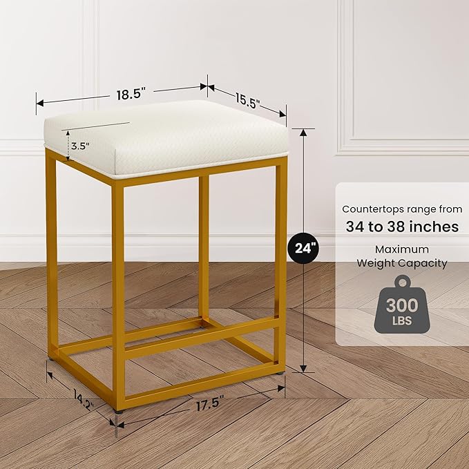PHI VILLA White and Gold Bar Stools Set of 4-24 Inch Backless Bar Stools Metal Steel Frame Base with Footrest, Counter Height Bar stools