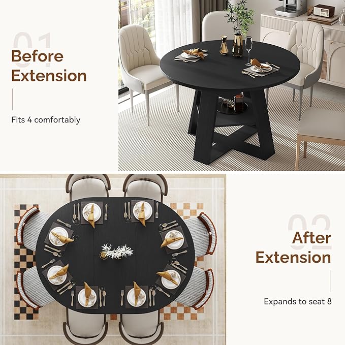 Aivermel 43.3‑59 in Extendable Oval Dining Table for 4‑6, Engineered Wood Round Dining Table with Hidden Extension Storage &Bottom Shelf, Space‑Saving Modern Kitchen Living Room Tables (Vintage Black)