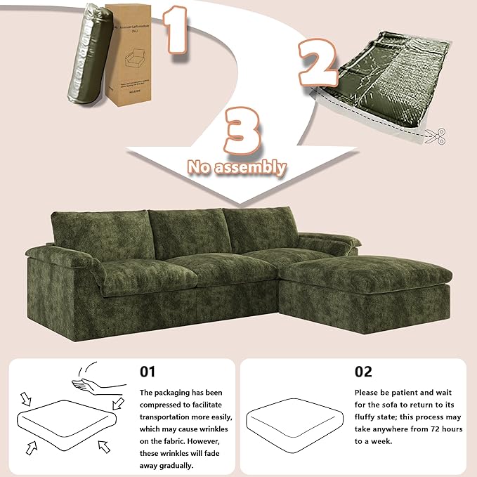 EASE MOOSE Oversized Boneless Sectional Couch-8-Seat, Corner V-Shaped Deep-Seat Modular Cloud Sofa, No-Assembly Chenille Sofa for Living Room, Green