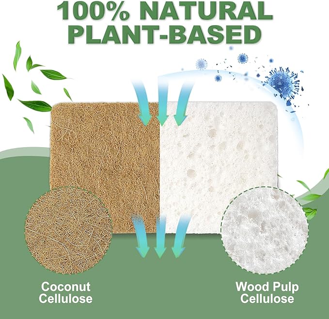 Aheroi Natural Dish Sponge, 32 Count Plant-Based Biodegradable Compostable Kitchen Sponges for Dishes Bulk, Organic Eco Friendly Cleaning Sponge for Bathroom, Household, Non Scratch Non Toxic