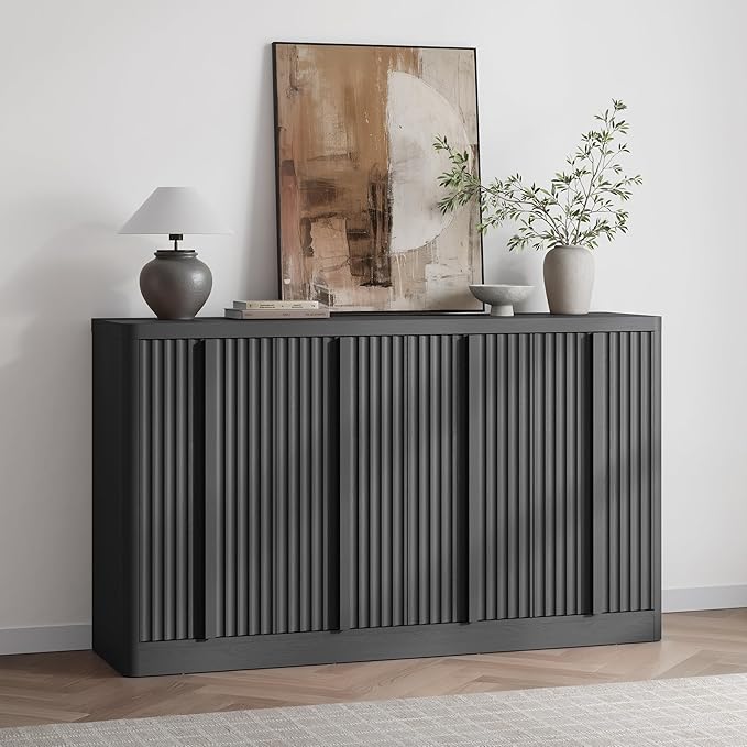 Fluted Buffet Cabinet with Storage, 60" Sideboard Buffet Cabinet with 4 Door, Modern Credenza Storage Cabinets with Adjustable Shelves, Solid Wood Handles for Kitchen, Dining, Living Room, Black(1PC)
