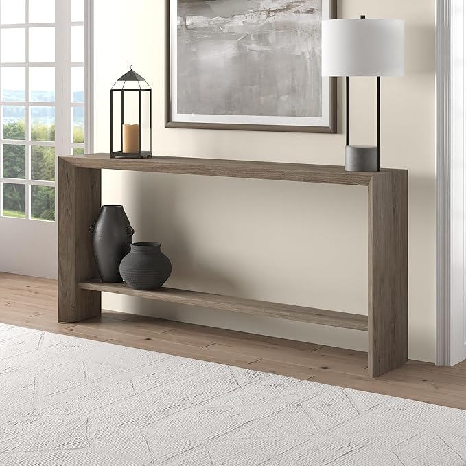 Henn&Hart 64" Wide Rectangular Console Table in Antiqued Gray Oak, for Home, Living Room, Bedroom, Entertainment Room, Office