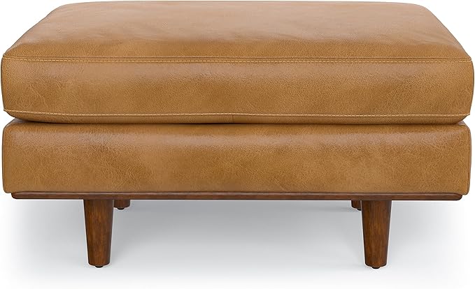 SIMPLIHOME Morrison Mid-Century Modern 72 inch Wide Sofa with Ottoman Set in Sienna Genuine Leather for the Living Room and Family Room