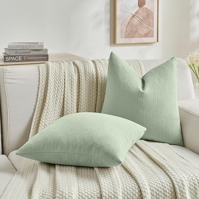 FUTEI Sage Green Decorative Throw Pillow Covers 18x18 Inch Set of 2,Soft Cozy Wheat Ear Striped Patterns Cushion Cases,Modern Home Decor for Couch Bed Living Room