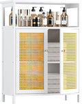 HITNET Bamboo Cabinet, Rattan Storage Cabinet with Doors, Freestanding Floor Cupboard for Bathroom, Living Room, Hallway, White