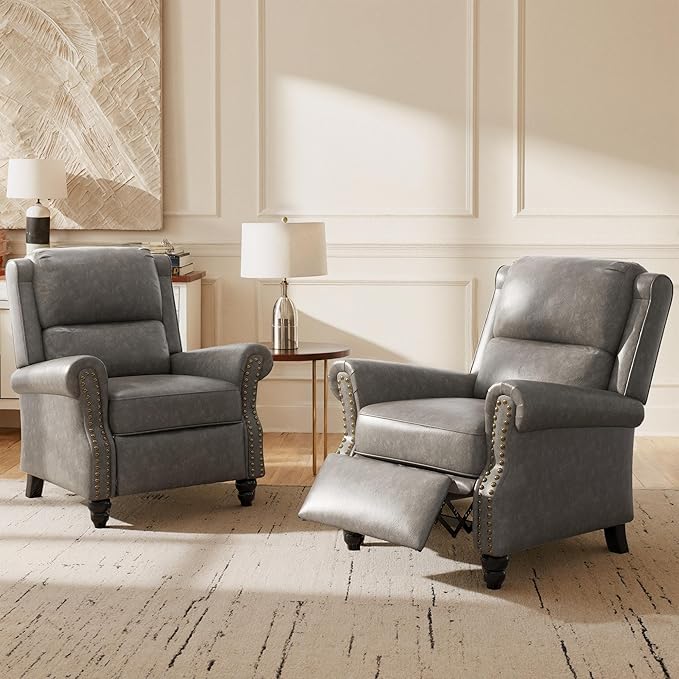 Lumibee Pushback Recliner Chair,Upholstered Wingback Chair for Small Spaces,2 Set of PU Leather Armchair for Living Room,Single Sofa Accent Chair Reading Seat for Balcony,Bedroom-Gray
