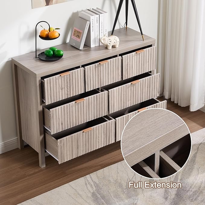 Fluted Dresser for Bedroom with 7 Drawers, 47" Wide Modern Chest of Drawers, Wood Dresser TV Stand Wooden Closet Clothes Storage Organizer for Bedroom, Living Room, Hallway - Oak Grey