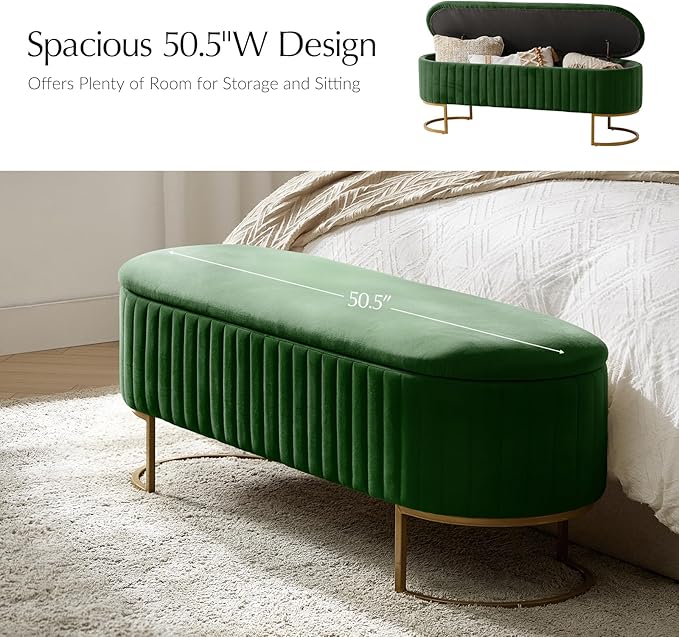 EcoHarbor Living 50.5" Velvet Bedroom Storage Bench Ottoman, Upholstered End of Bed Bench with Gold Legs,Entryway Footrest Seat