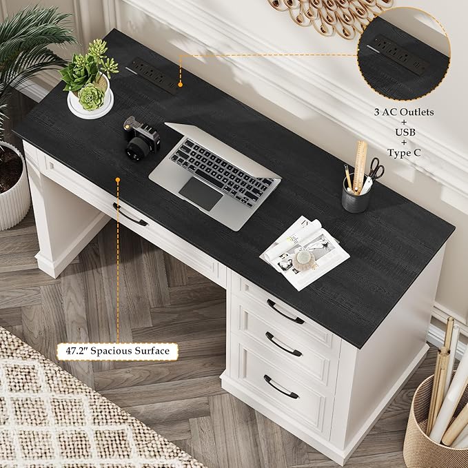 Vabches Farmhouse 47" Executive Desk, Computer Desk with Drawers and File Drawer, Workstation Computer Desk with Charging Station for Home Office, Study,（Black