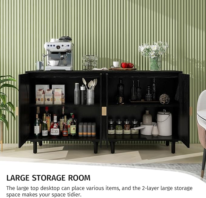 Black Rattan Cabinet-2-Doors,Sideboard Buffet Cabinet with Storage-Accent Storage Cabinet with Cane Door, Boho Wood Credenza for Living Room, Kitchen (Black Set 2)