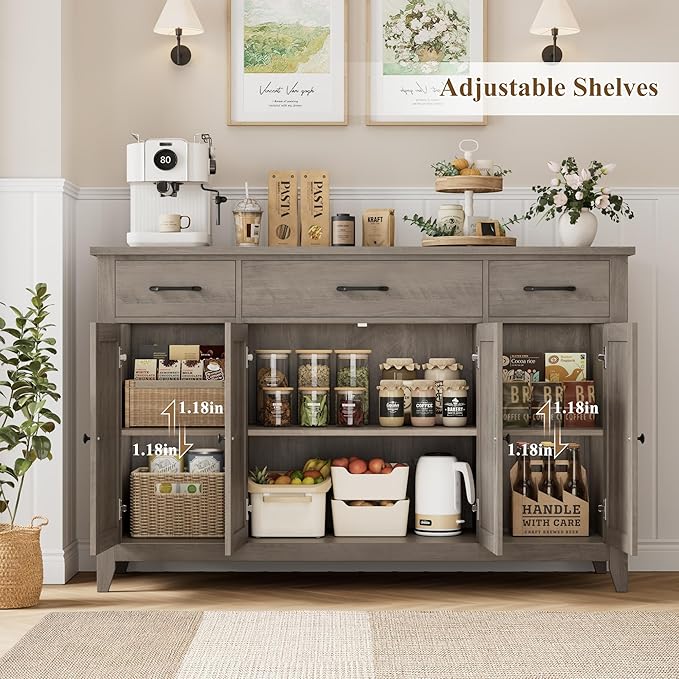 HORSTORS 55" Buffet Cabinet, Modern Farmhouse Sideboard Buffet with Drawers, Large Kitchen Storage Cabinet with Adjustable Shelves, Wood Coffee Bar for Kitchen, Dining Room, Living Room, Grey