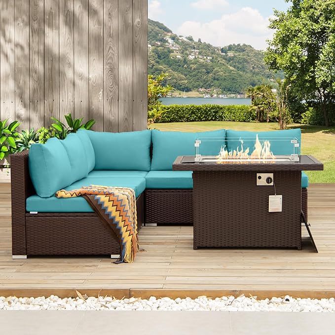 NICESOUL 6 Piece L-Shaped Patio Furniture Set with Fire Pit Table Natural Gas/Propane, 29.3'' High-Back Deep Wide Seat Outdoor Conversations, XL Big Fireplace Couches, Brown Rattan and Teal Cushion