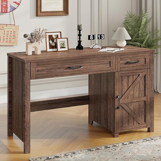 Farmhouse 47" Executive Desk, Computer Desk with Drawers and Storage Cabinet, Workstation Computer Desk for Home Office and Study.Red-Brown