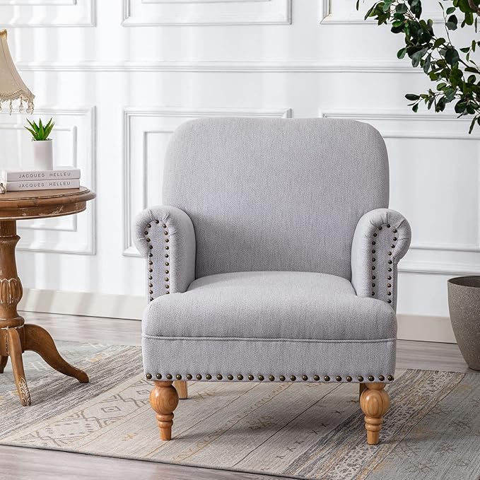 Linen Accent Chair Mid-Century Modern Living Room Armchair with Nailhead Trim & Wood Legs Comfy Upholstered Single Sofa Chair for Lounge/Bedroom/Reception, Grey