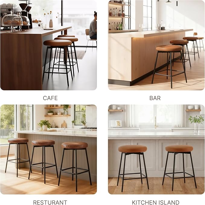 Swivel Bar Stools Set of 4, 24" Counter Height Bar Stool, Backless Barstools with Faux Leather Upholstered Seat&Sturdy Wood Legs for Kitchen Island, Brown